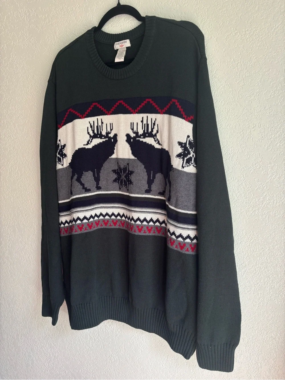 Dockers Holiday Christmas Sweater Fair Isle XXL Green 100% Cotton Deer Elk Moose